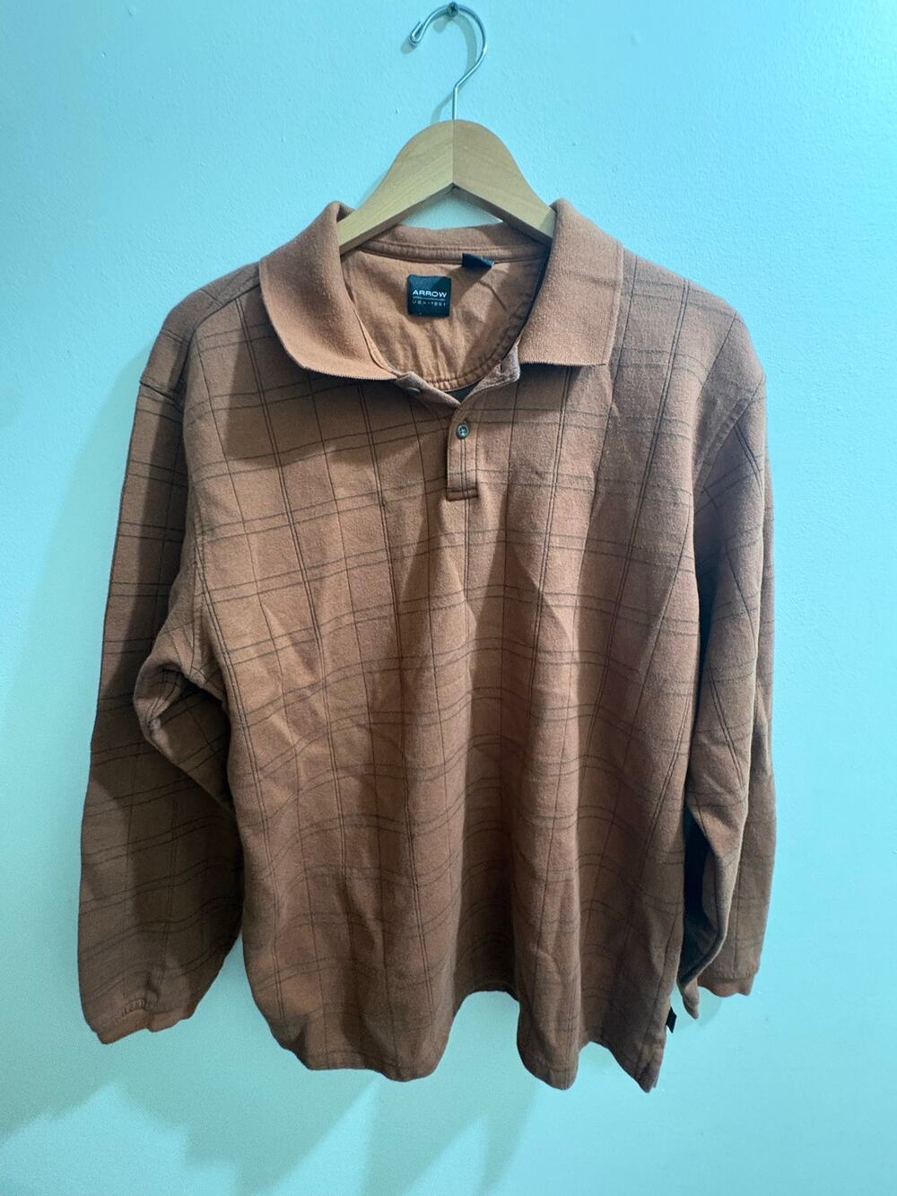 Vintage Arrow Brown Grid Check Long Sleeve Polo Shirt